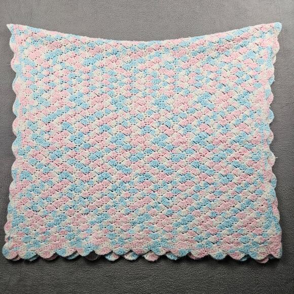 Handmade Other - Hand Knit Crochet Blanket Baby Blue Pink White Afghan Throw 31" x 52"